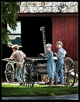 3 Amish kids with farm equip(11x14)